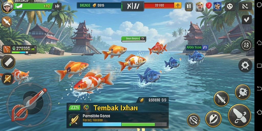 Screenshot gameplay AKUNJP menampilkan aksi seru menembak ikan.