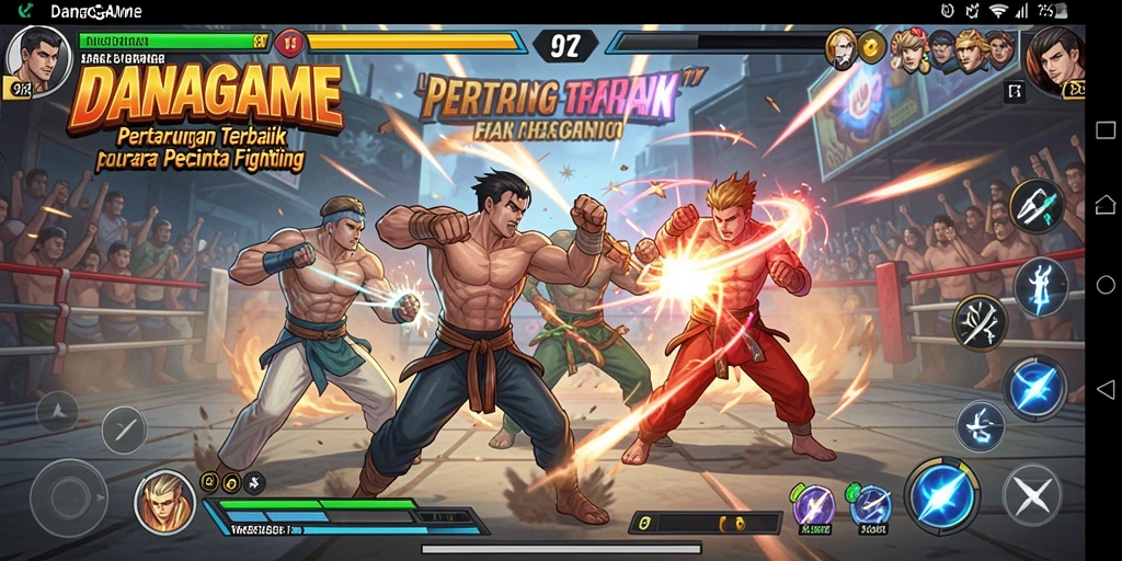 Screenshot menunjukkan pertarungan seru dalam DANAGAME dengan karakter yang dinamis.