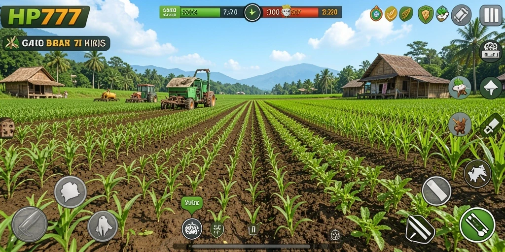 Tampilan gameplay HP777 menunjukkan kebun yang subur dan penuh warna.