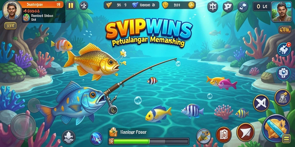 Screenshot gameplay SVIPWINS yang menampilkan petualangan memancing yang seru.